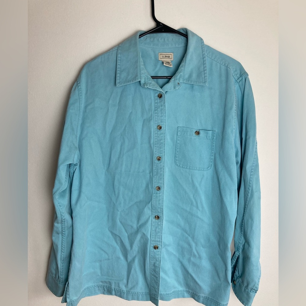 LL Bean Women’s Button Up Shirt Large Blue Cotton Tencel Teal Long Sleeve